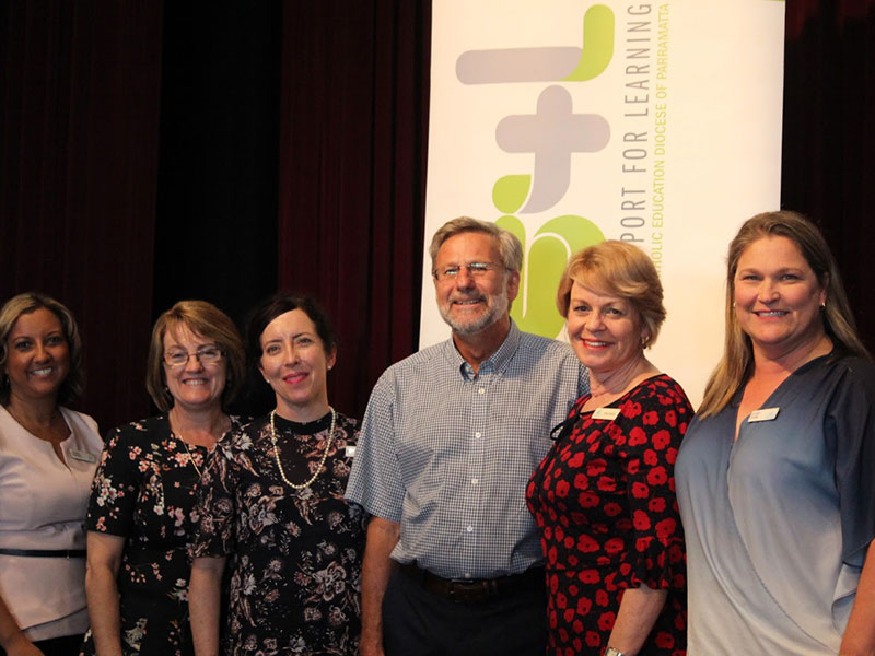 Catholic Education Diocese of Parramatta clinical psychologist Anoushka Houseman with school leaders and Dr Tim Lewis at the conference