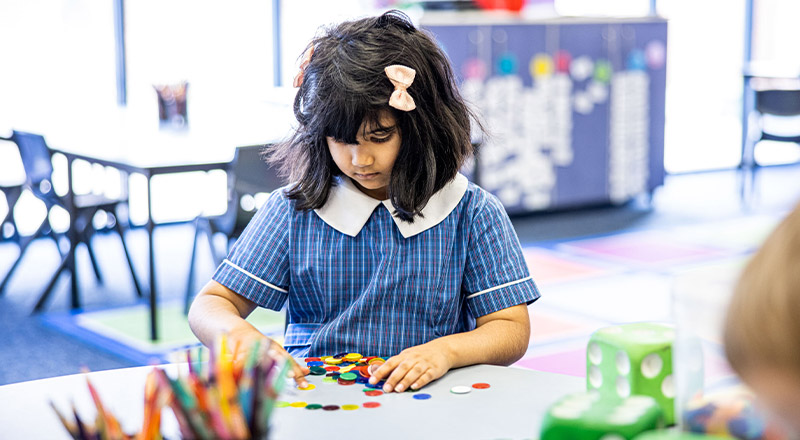 Student counting counters in the classroom at St Mary's Primary School Rydalmere